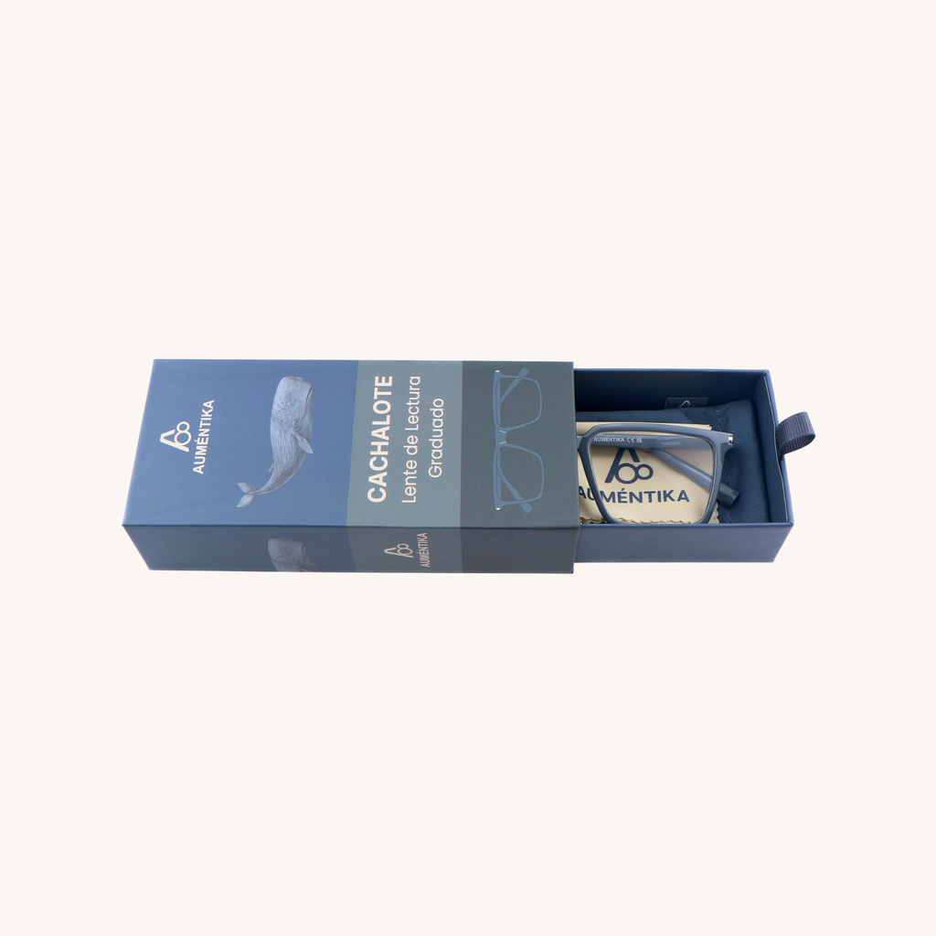 caja abierta lentes de lectura aumentika modelo cachalote