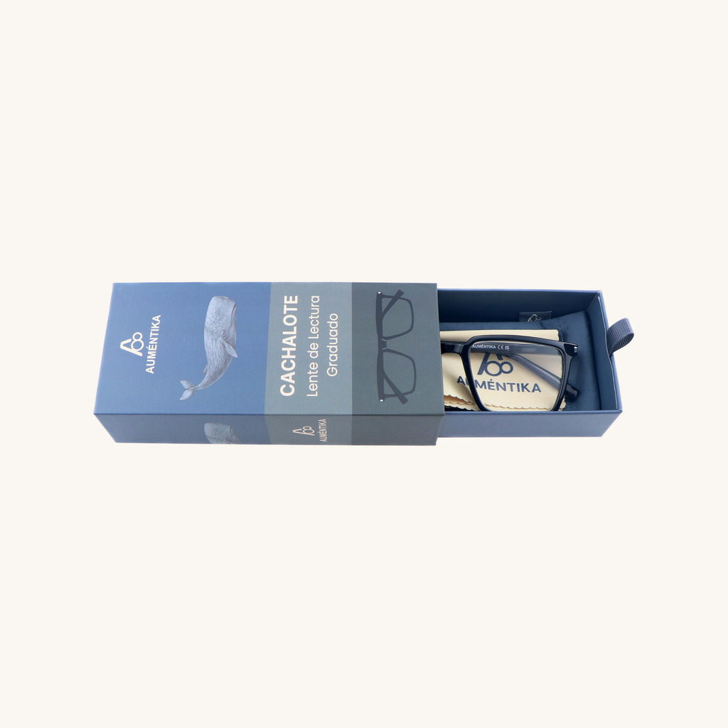 caja abierta lentes de lectura aumentika modelo cachalote