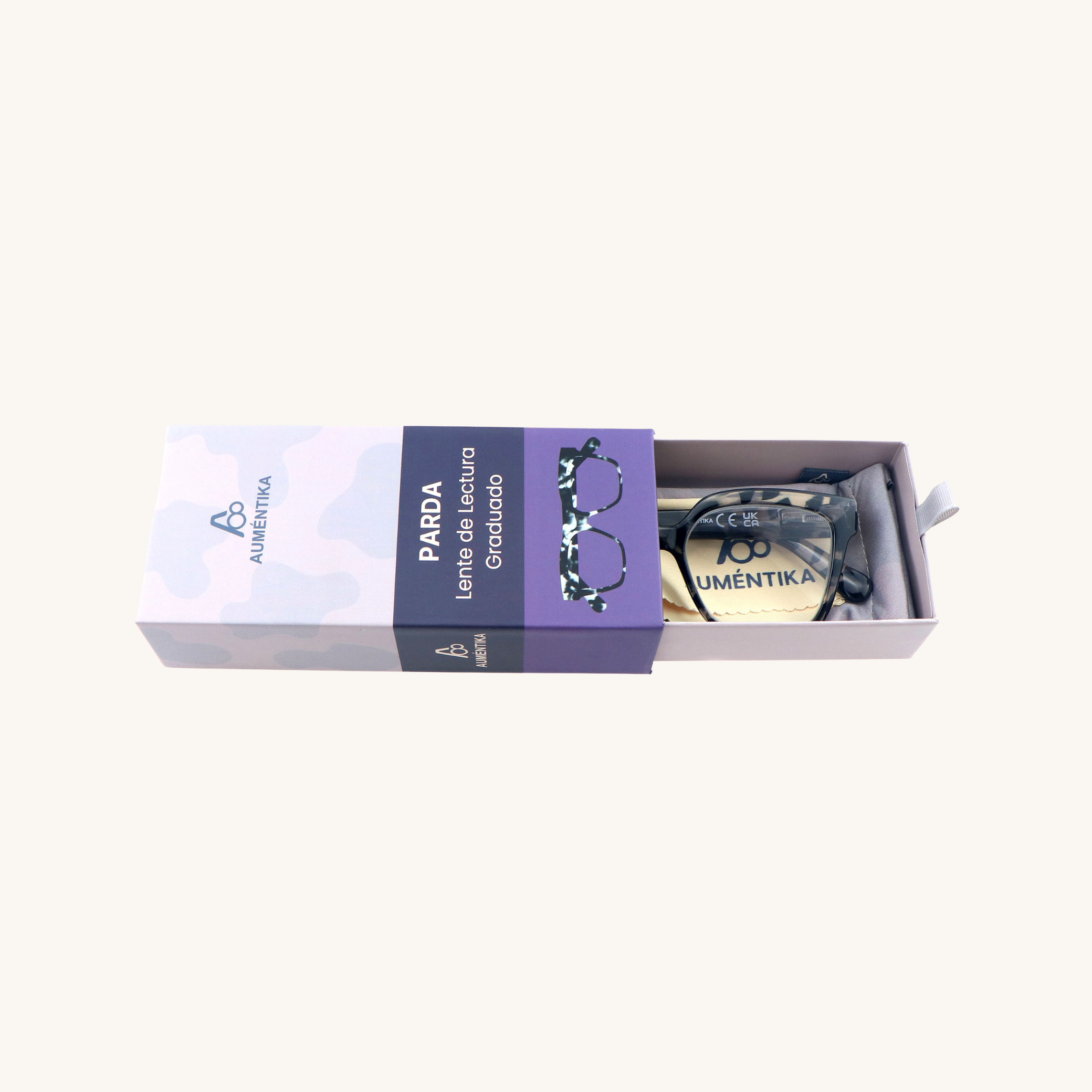 caja abierta lentes de lectura aumentika parda 