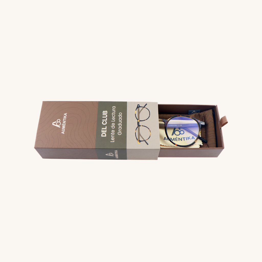 caja abierta lentes de lectura aumentika modelo club con filtro azul