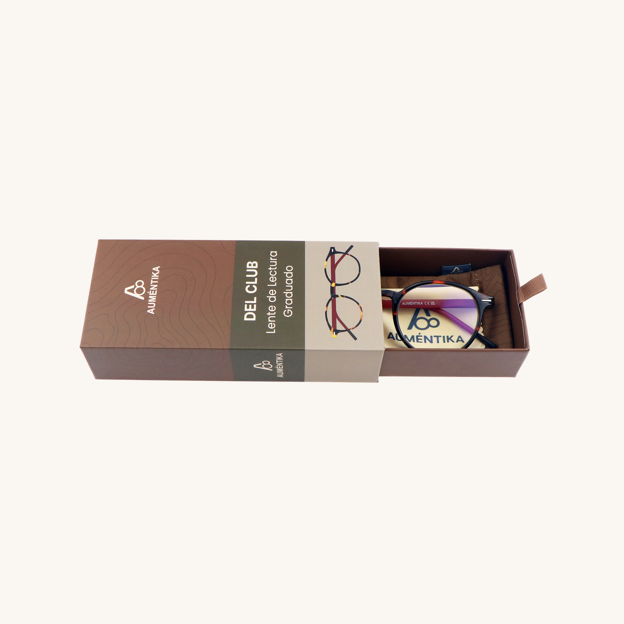 caja abierta lentes de lectura aumentika modelo club con filtro azul