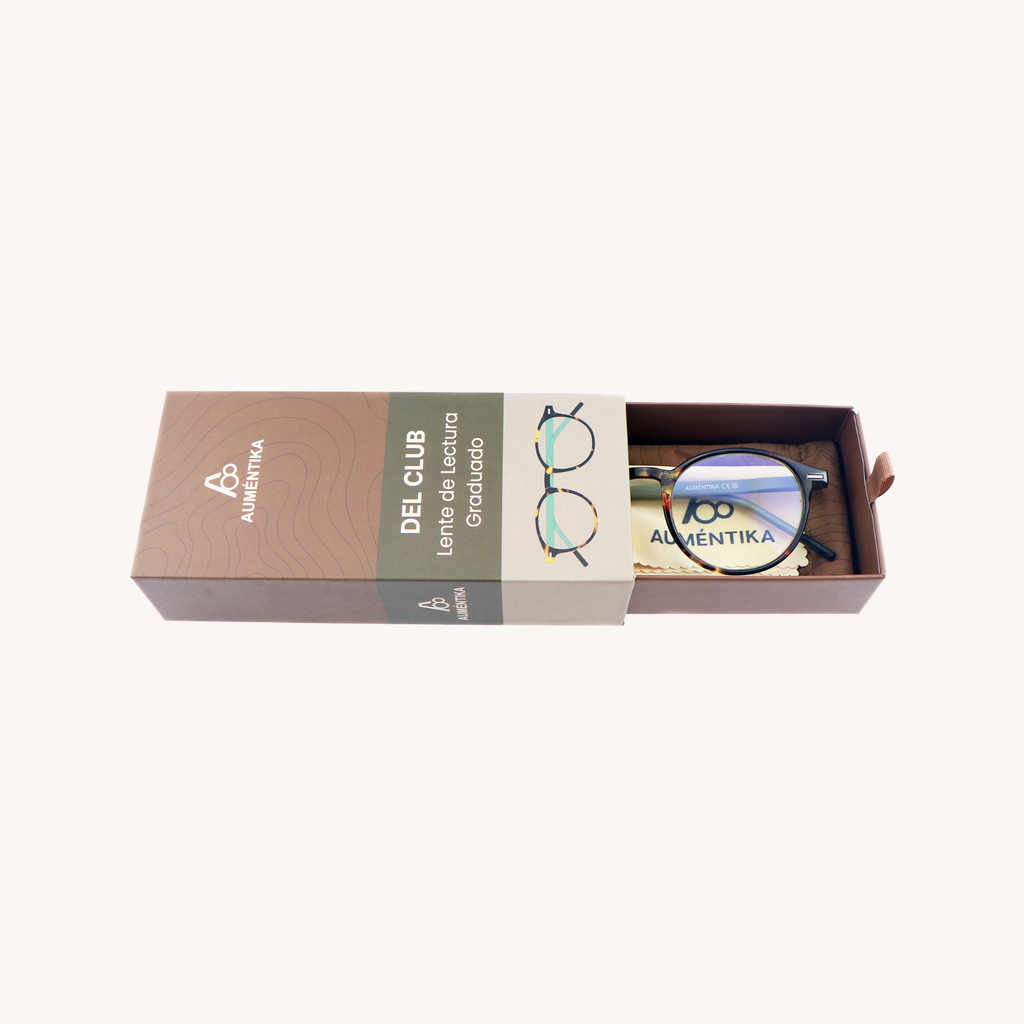 caja abierta lentes de lectura aumentika modelo club con filtro azul