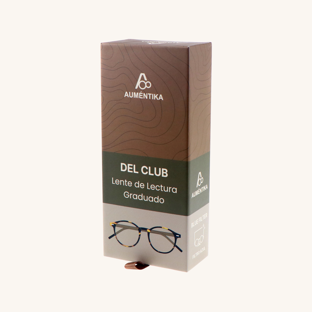 caja lentes de lectura aumentika modelo del club con filtro azul