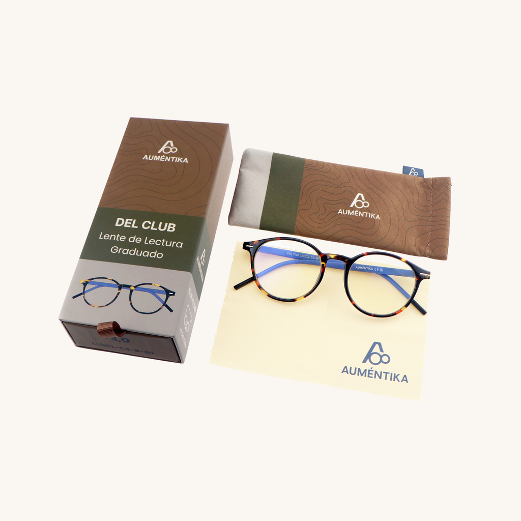 set lentes de lectura aumentika del club con filtro azul caja y funda
