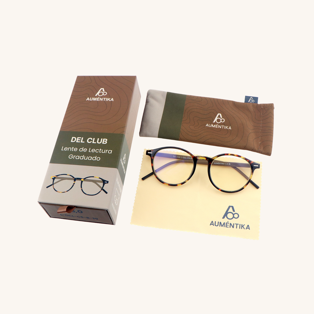 set lentes de lectura aumentika del club con filtro azul caja y funda