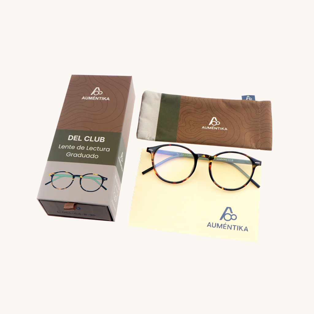 set lentes de lectura aumentika del club con filtro azul caja y funda