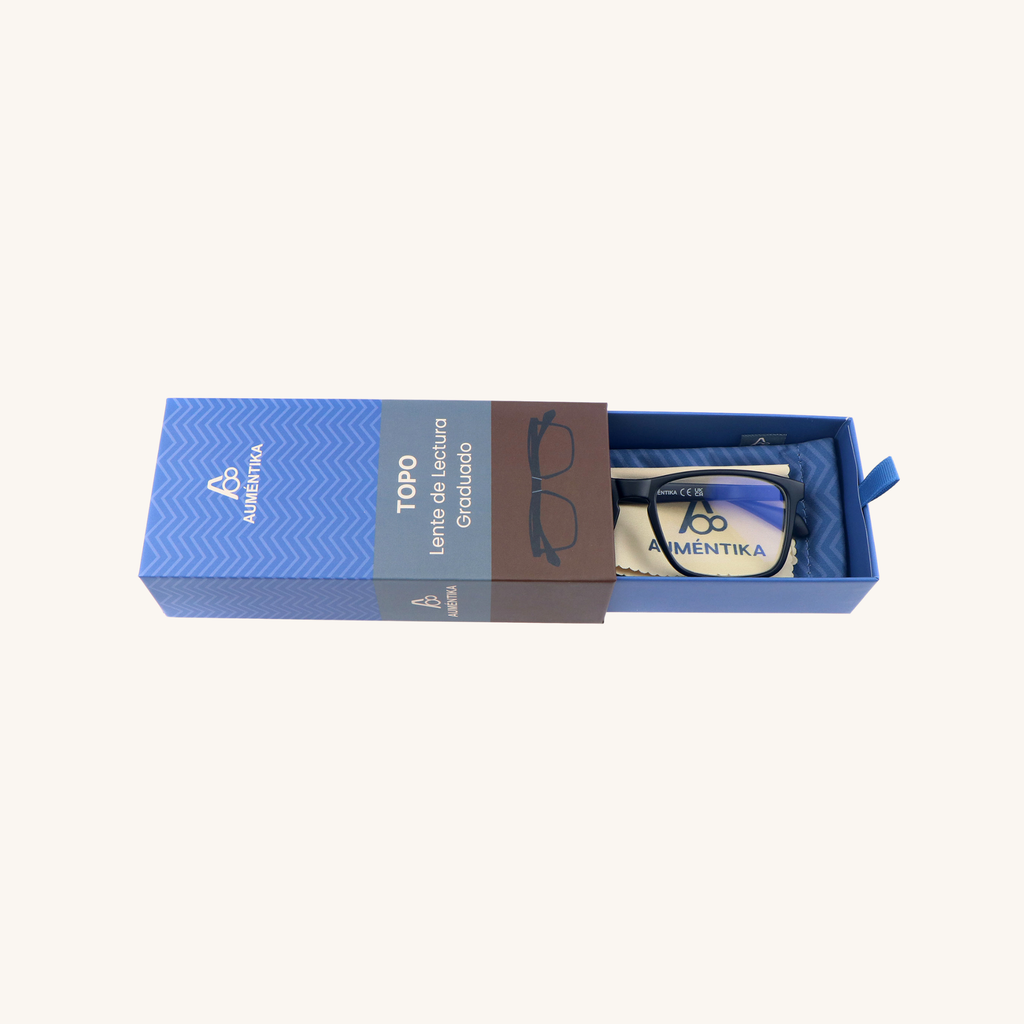caja abierta lentes de lectura aumentika topo con filtro azul