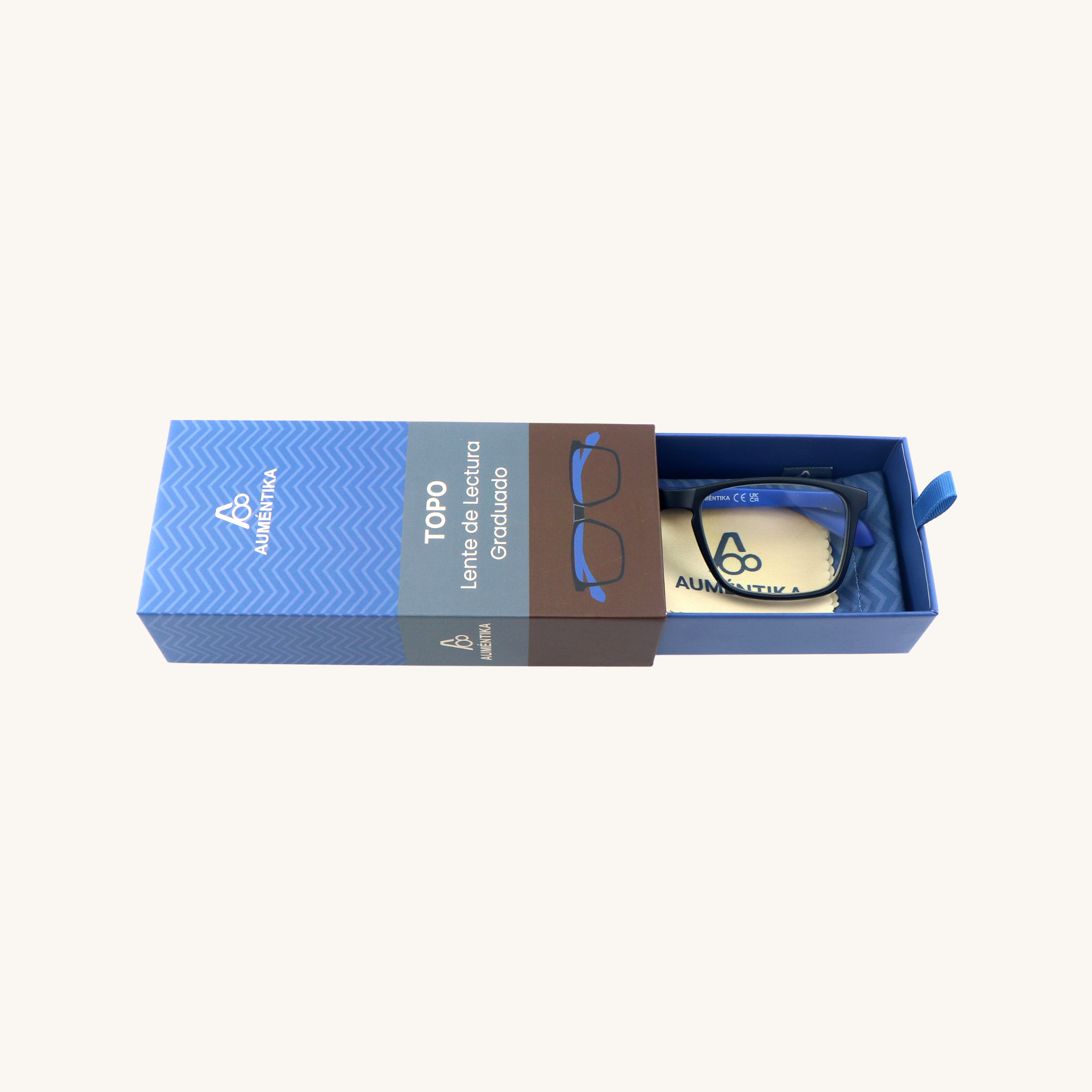 caja abierta lentes de lectura aumentika topo con filtro azul