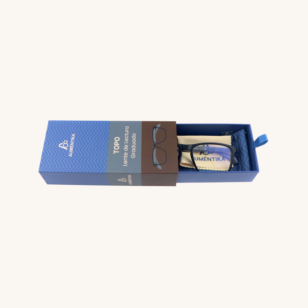caja abierta lentes de lectura aumentika topo con filtro azul
