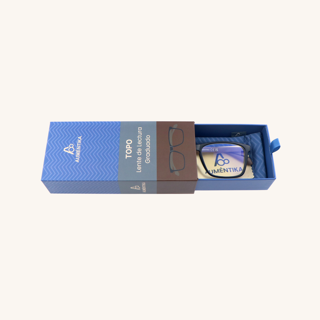 caja abierta lentes de lectura aumentika topo con filtro azul