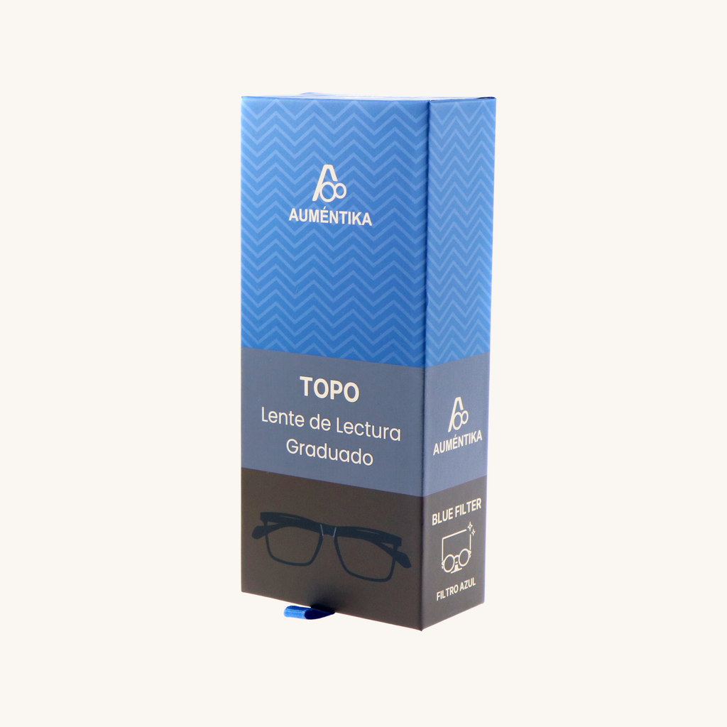 caja lentes de lectura aumentika modelo topo con filtro azul