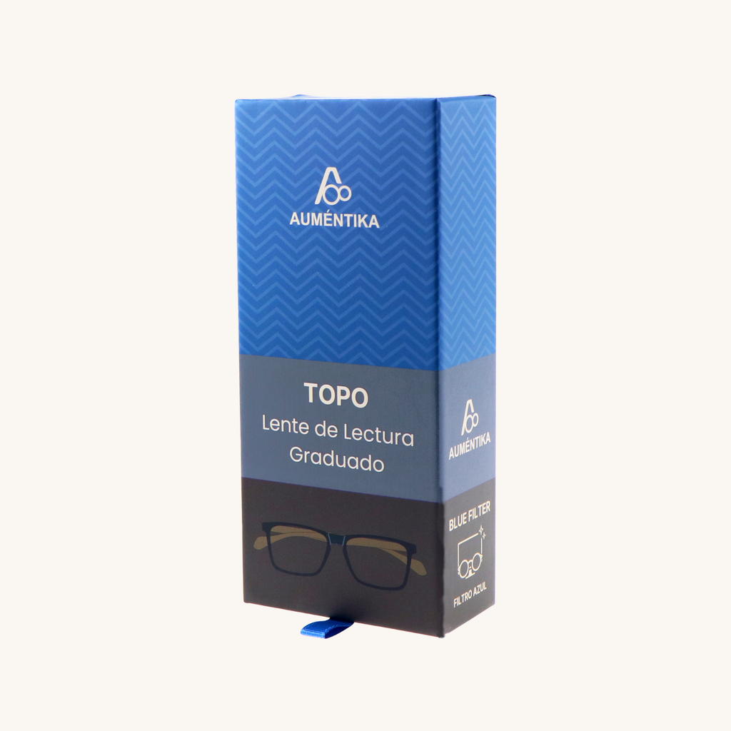 caja lentes de lectura aumentika modelo topo con filtro azul