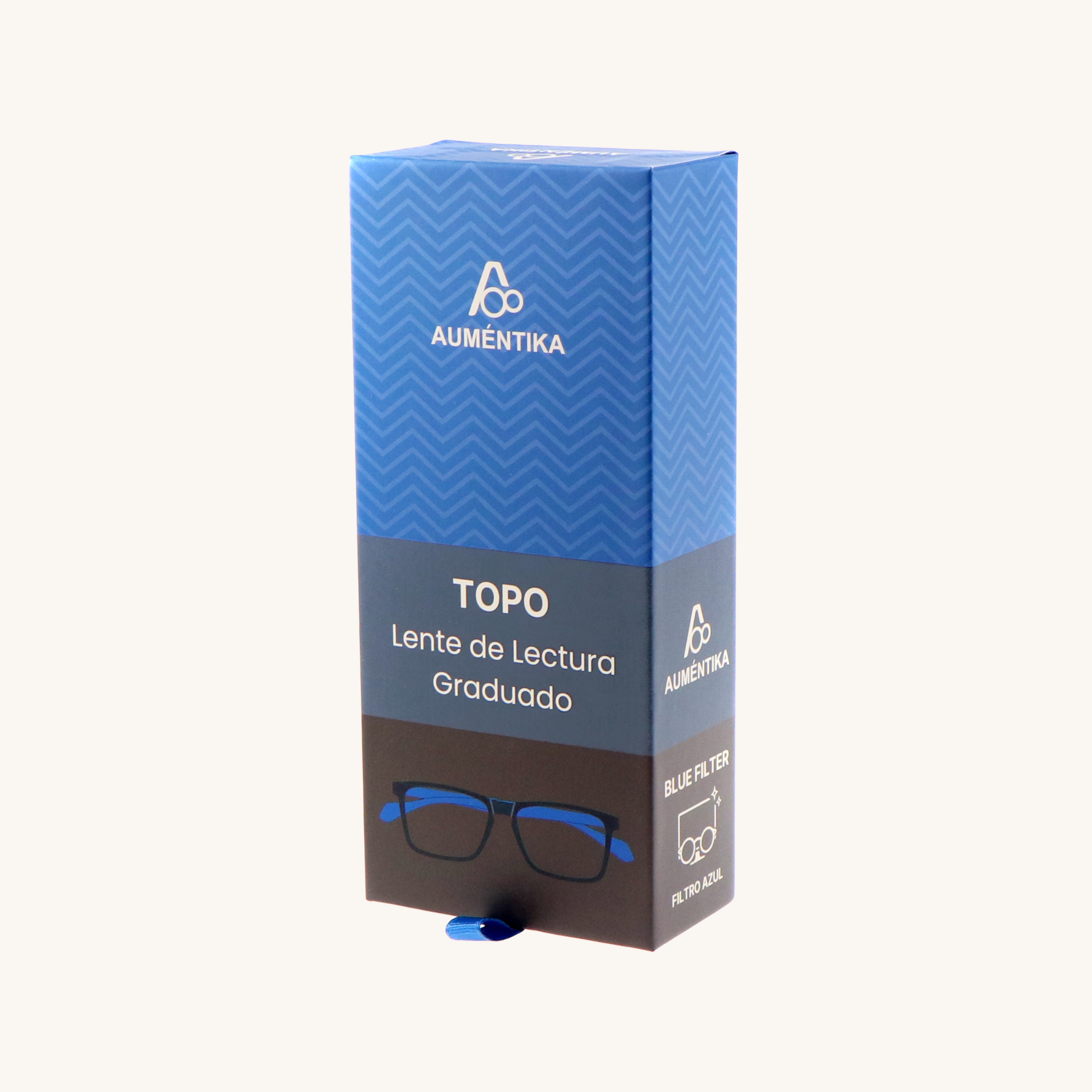 caja lentes de lectura aumentika modelo topo con filtro azul