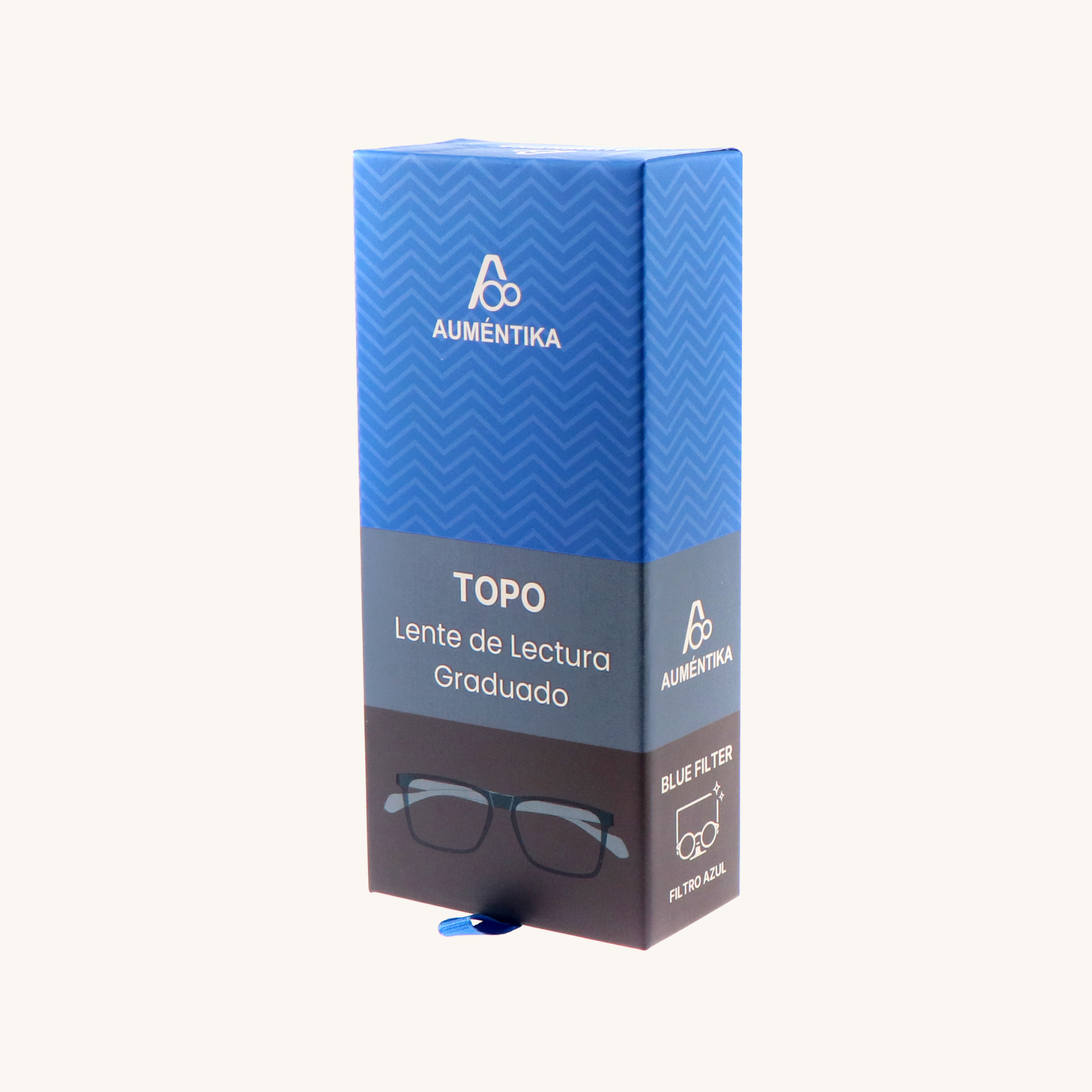 caja lentes de lectura aumentika modelo topo con filtro azul