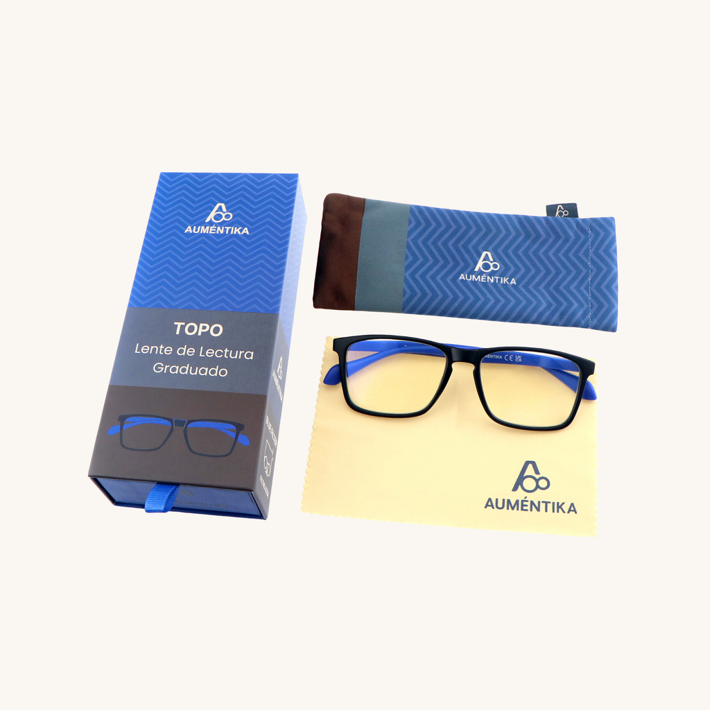 set lentes de lectura aumentika topo con filtro azul caja y funda