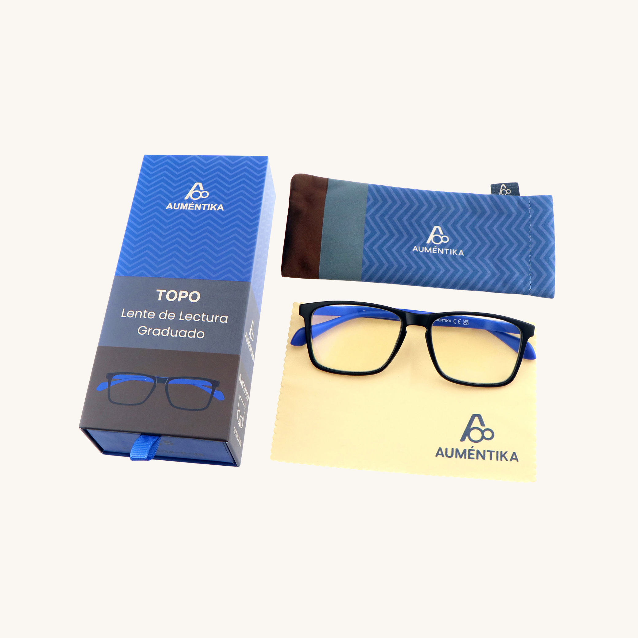 set lentes de lectura aumentika topo con filtro azul caja y funda