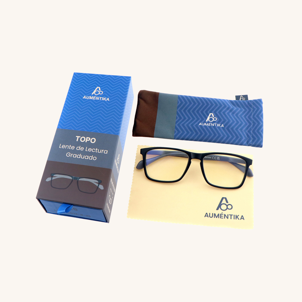 set lentes de lectura aumentika topo con filtro azul caja y funda