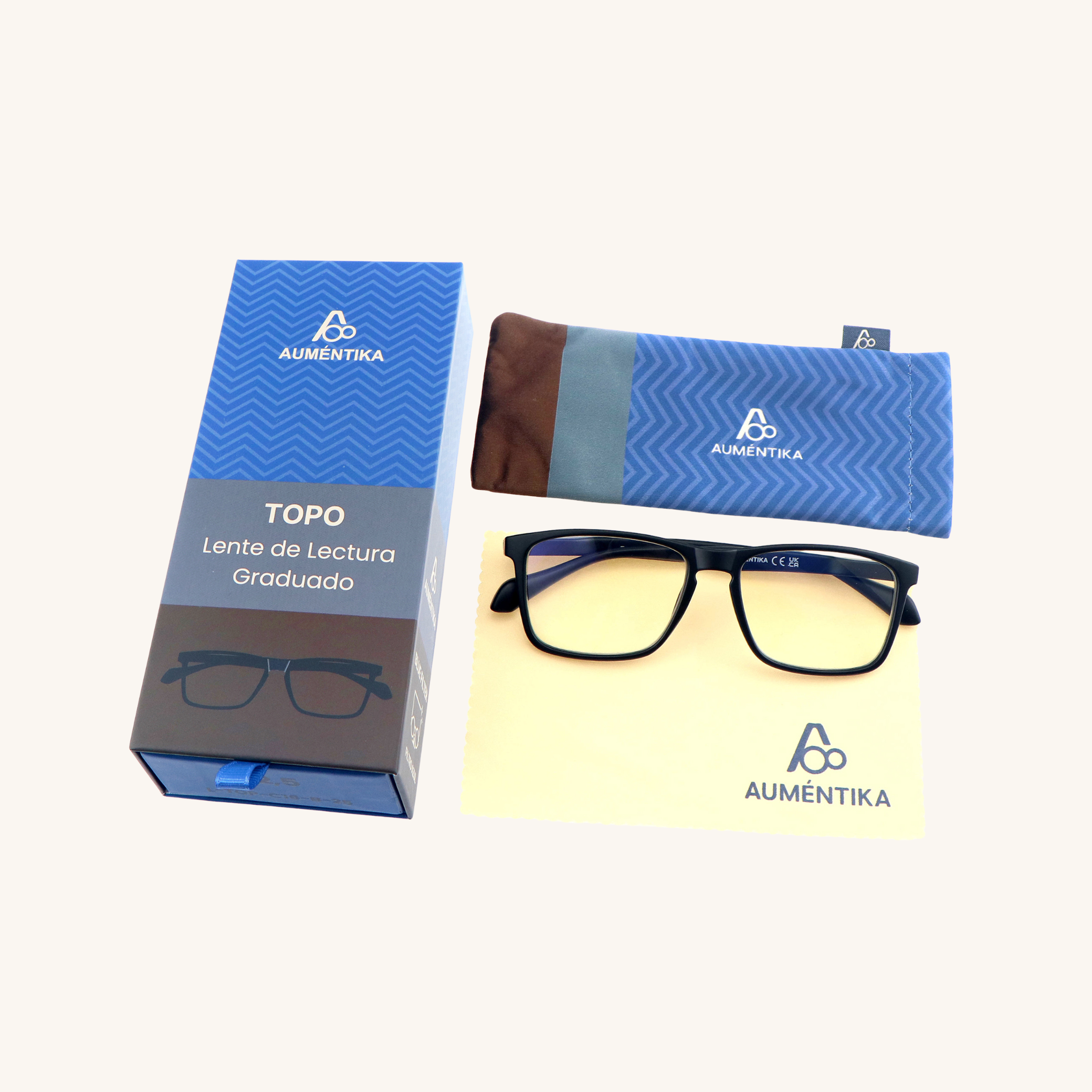 set lentes de lectura aumentika topo con filtro azul caja y funda