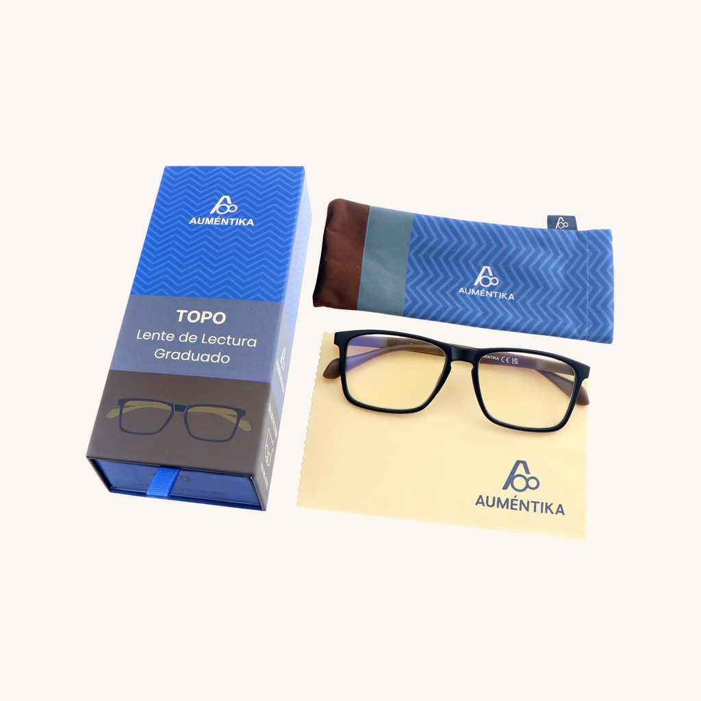 set lentes de lectura aumentika topo con filtro azul caja y funda