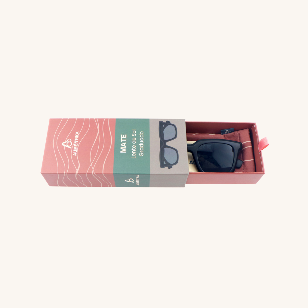 caja abierta lentes de sol con aumento aumentika modelo mate