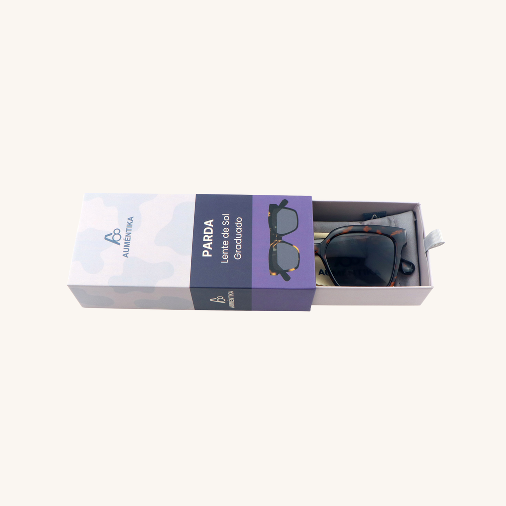 caja abierta lentes de sol con aumento aumentika modelo parda