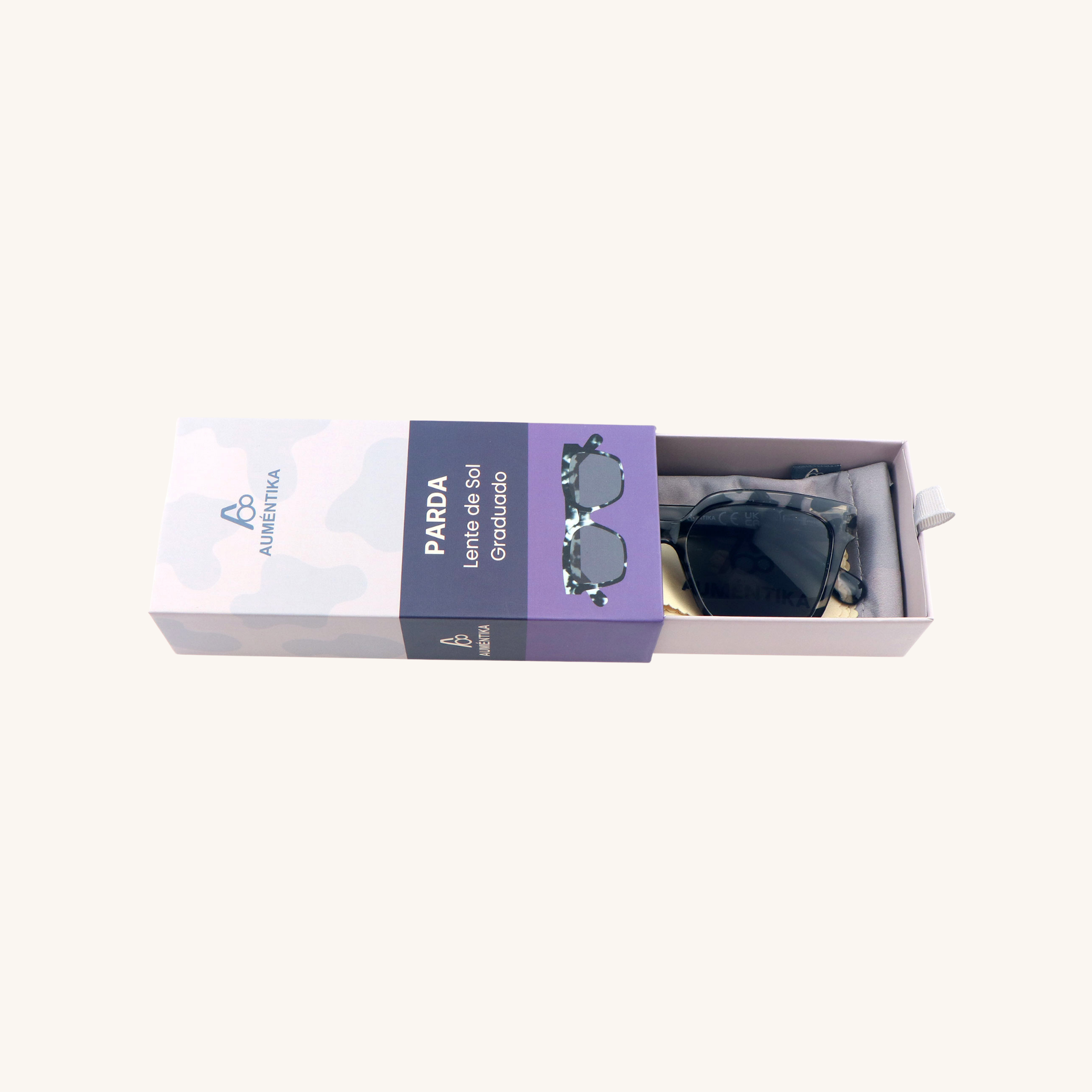 caja abierta lentes de sol con aumento aumentika modelo parda