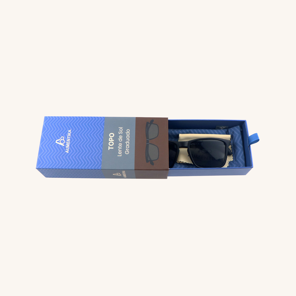 caja abierta lentes de sol con aumento aumentika modelo topo
