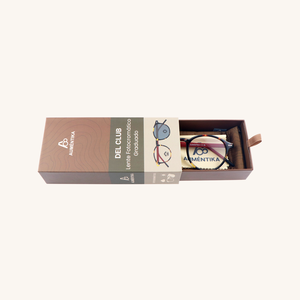 caja abierta lentes fotocromaticos con aumento aumentika modelo del club