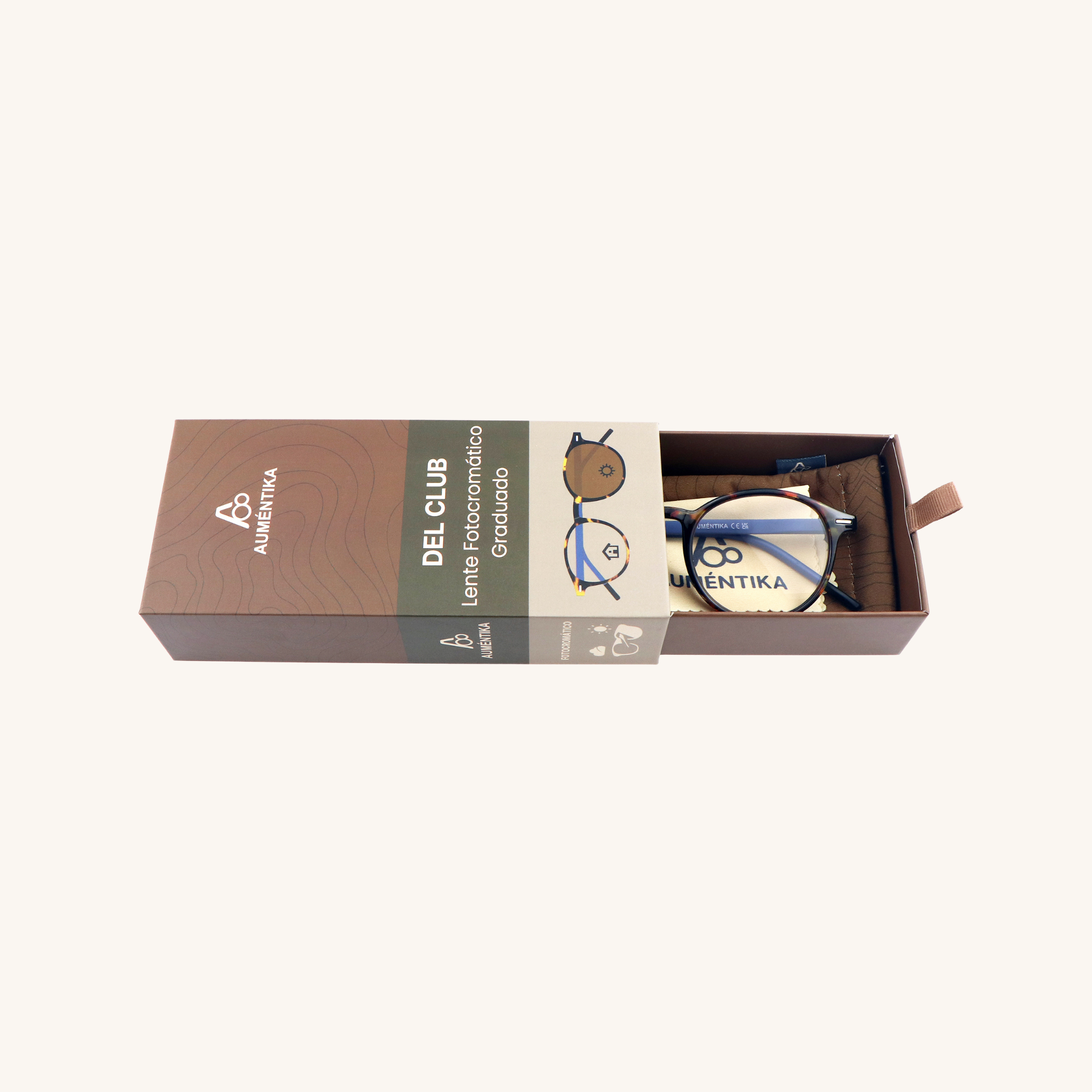 caja abierta lentes fotocromaticos con aumento aumentika modelo del club