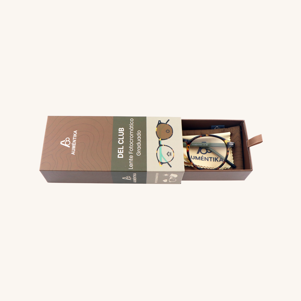 caja abierta lentes fotocromaticos con aumento aumentika modelo del club