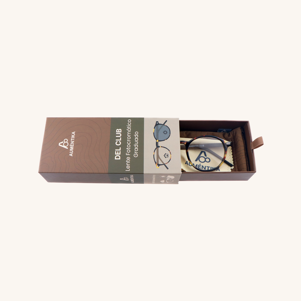 caja abierta lentes fotocromaticos con aumento aumentika modelo del club